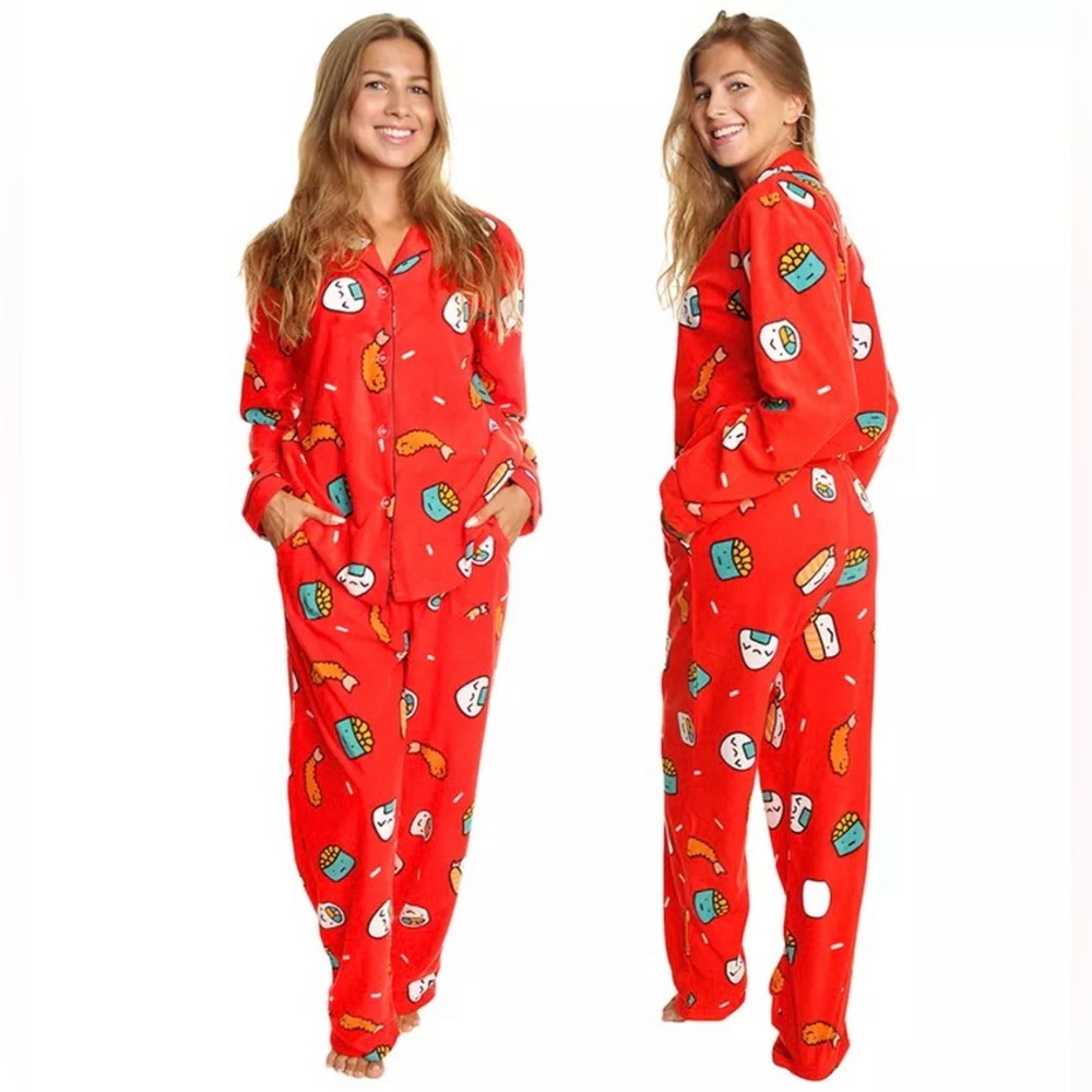 Angelina Cozy Fleece Notch Collar SUSHI Pajama Set with Pockets L